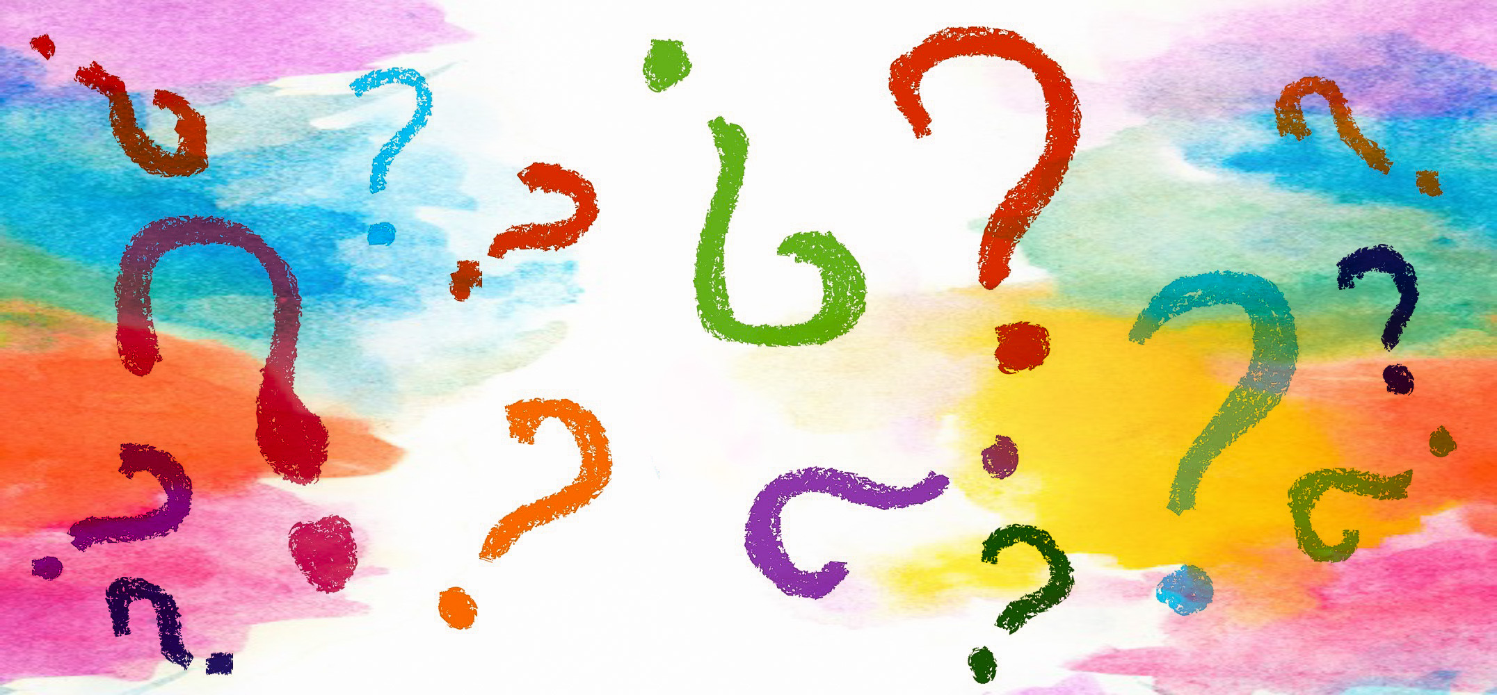 Who the heck is he? Question marks overlaying a lurid, watercolor background