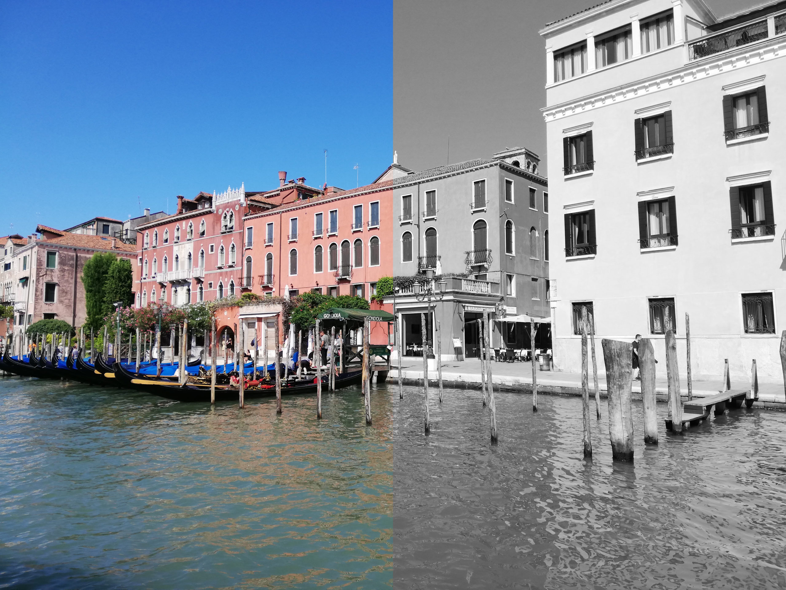 A picture of buildings in Europe along the waterfront. It shows a tale of two chapters, with one half of the picture in color and the other half black and white