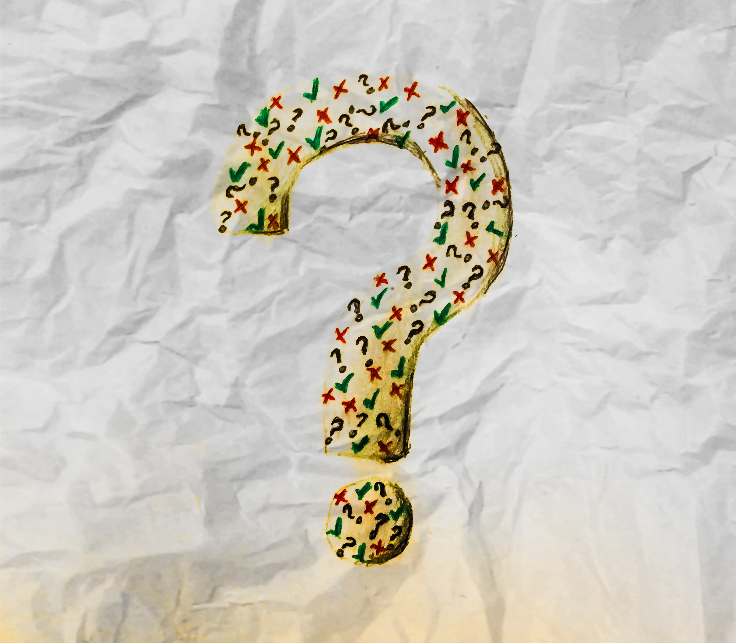 Fact or fiction? Picture of a question mark on wrinkled paper background. Inside the question mark are tiny little question marks, ticks and crosses to create an artistic effect.