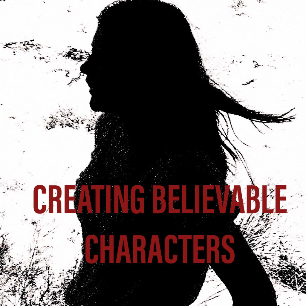 A silhouette with the words, 'creating believable characters' on the bottom third of the page in bold red lettering.